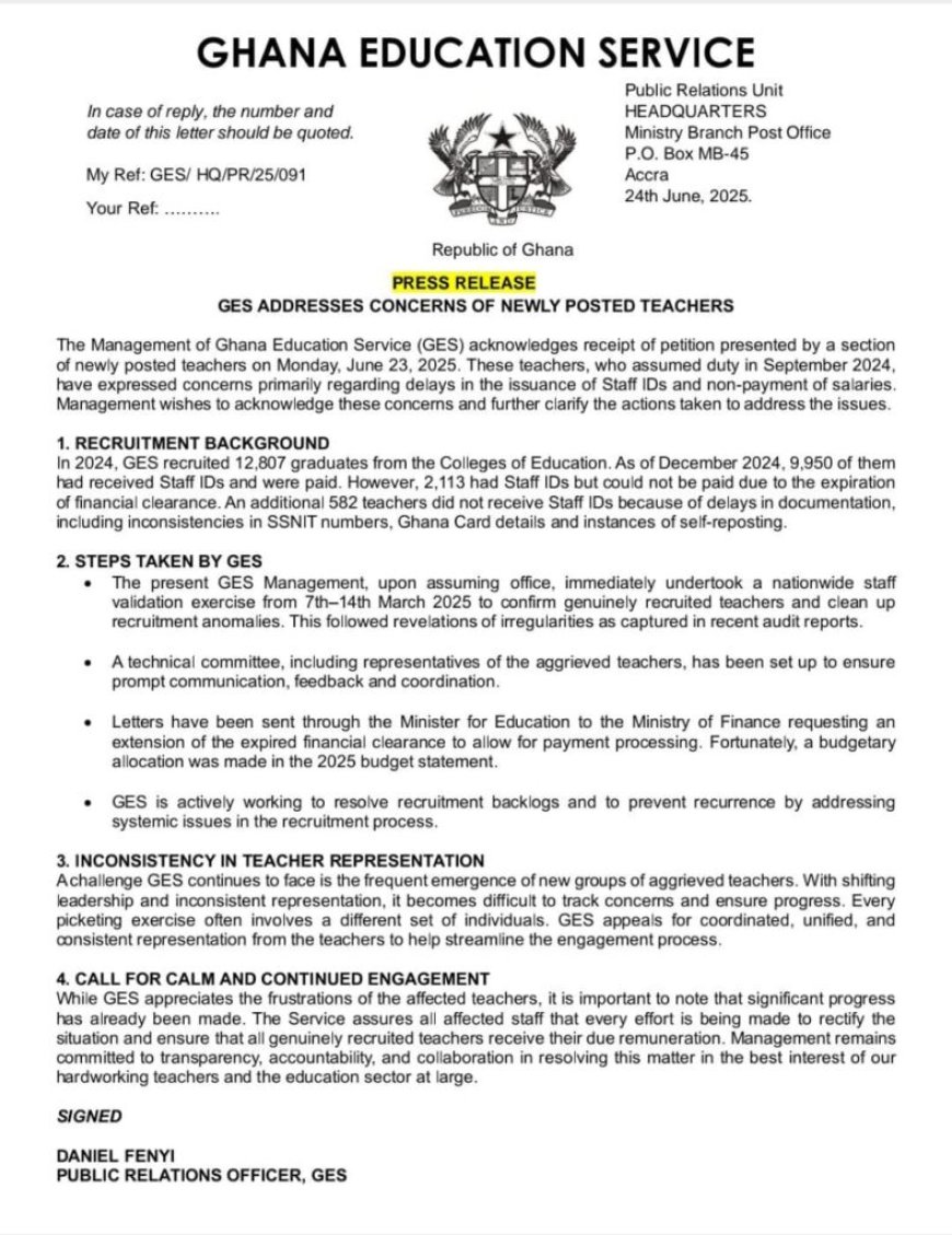 GES Assures Newly Posted Teachers: Budget Allocated for Unpaid Salaries